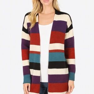 JW Style Long Stripe Cardigan Sweater Size M Womens Open Front Multicolor
